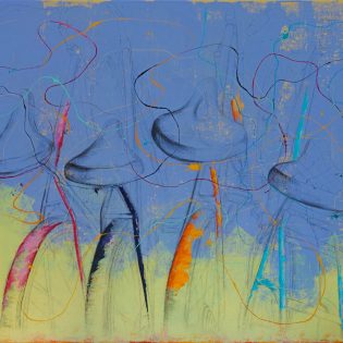 FRONT ROW |Serie WARTEN - Wer wartet? Menschen, Fahrräder, Cellos – dass etwas Erwartetes oder Unerwartetes passiert! Wer weiß ... FRONT ROW |2025 | Acryl, Kohle, Bleistift auf Leinwand| 70 x 100 x 1,8 cm